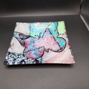 Decorative Glass Square Trinket Dish Vibrant Colorful Butterfly Design 8x8 in